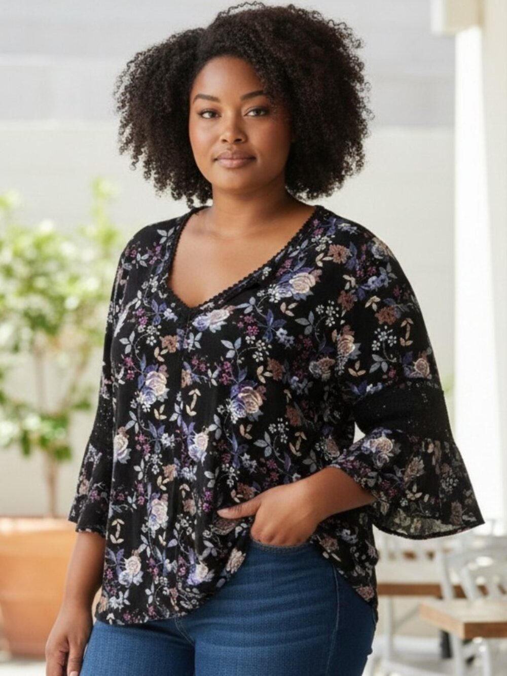Dr2 Plus Size Peasant Top in Black Florals, 1X, bell sleeves, cottagecore blouse
